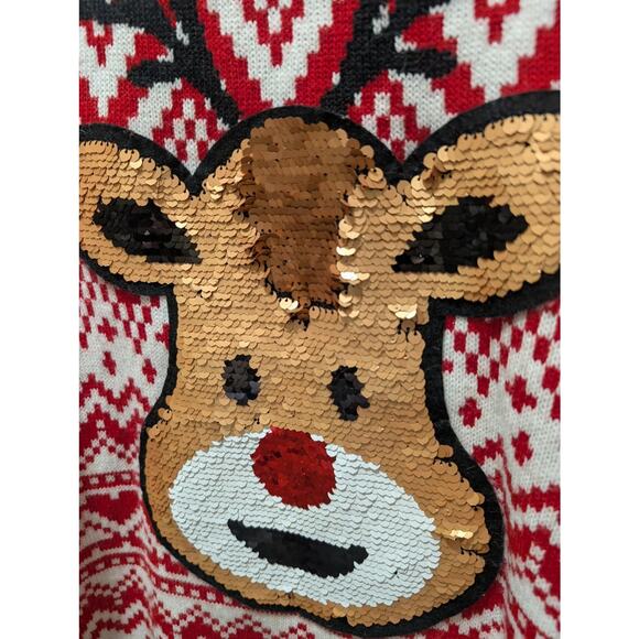 Ugly Christmas Sweater Sequin Rudolph Reindeer Red & Green, Juniors XXL 19 - Picture 2 of 10